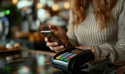 A person makes a payment using their mobile phone.