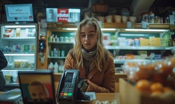 A person standing in front of a PDQ machine.