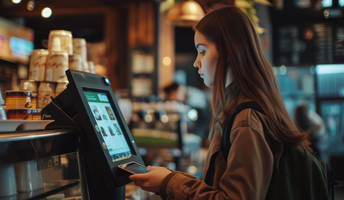 woman using self-serve kisok in coffee shop