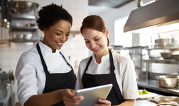 two kitchen staff members look at a tablet