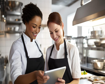 two kitchen staff members look at a tablet