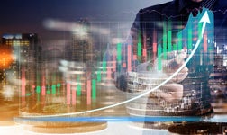 A graphic showing a chart, money and a person pointing at the graph.