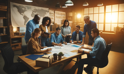Diverse-fleet-managers-planning-with-paperwork-in-a-meeting-room.-The-managers-are-diverse-dressed-in-casual-and-business-casual-attire-gathered