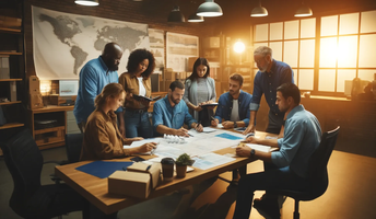 Diverse-fleet-managers-planning-with-paperwork-in-a-meeting-room.-The-managers-are-diverse-dressed-in-casual-and-business-casual-attire-gathered