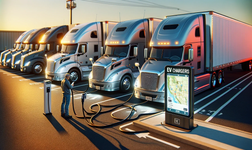 semi-trucks with trailers parked in a lot with EV chargers plugged into them