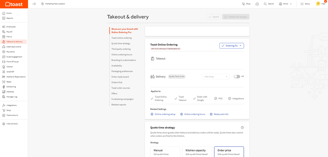 Screenshot of Toast takeout and delivery screen