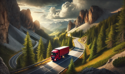 red truck driving on a mountain road