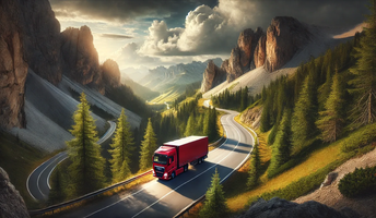 red truck driving on a mountain road