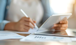Closeup of a woman reviewing life insurance options on a tablet, surrounded by financial documents
