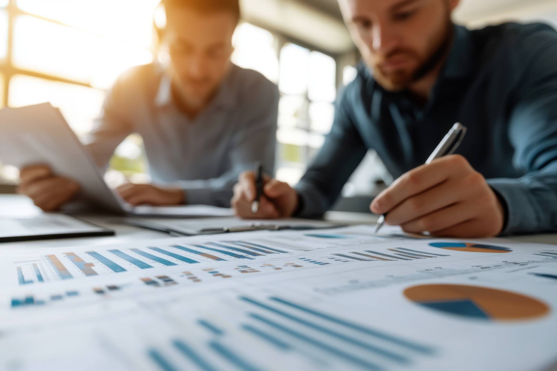 Two businessmen analyzing financial data, reviewing charts and graphs during a business meeting to develop effective business strategy and grow company revenue