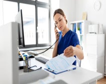 doctor holding desk phone in right hand and a sheet of paper attached to a clip board in the other, while sitting at their desk