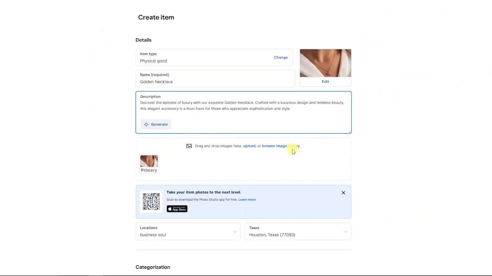 creating an item in Square