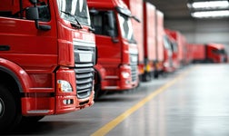 A fleet of red trucks lined up inside a spacious warehouse, showcasing their sleek designs and vibrant colors in an organized setting.