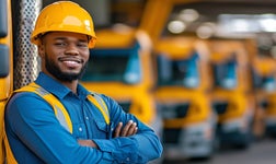 A confident worker smiles while standing in front of a fleet of yellow trucks in a warehouse. He showcases the importance of teamwork and dedication in the logistics industry.
