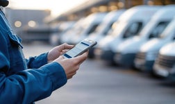 Worker in blue uniform using smartphone to manage fleet logistics with parked delivery vans in the background, representing transport, tracking and modern logistics operations.