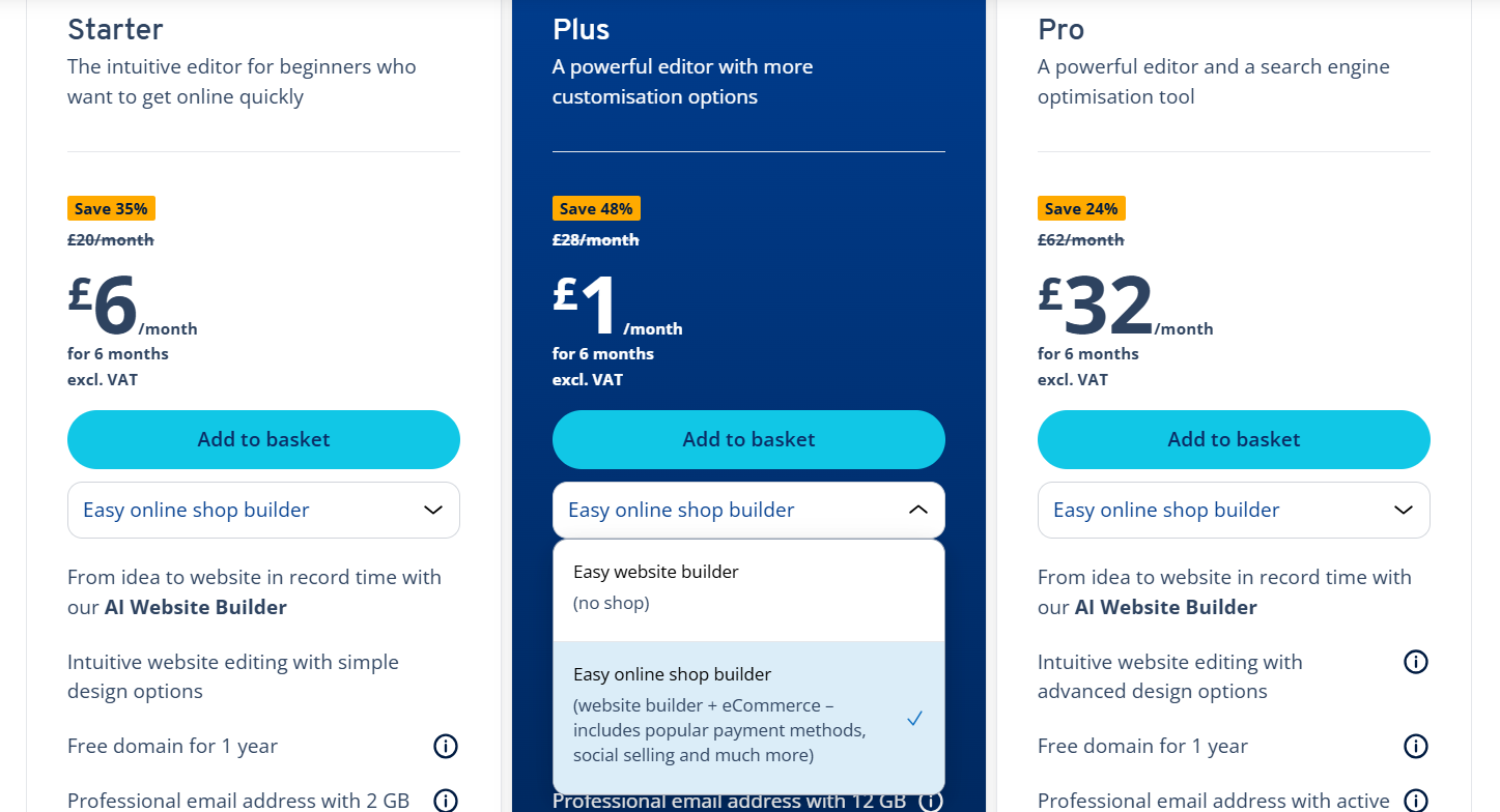 ionos website screenshot showing the pricing plans when its website builder is bundled with its e-shop