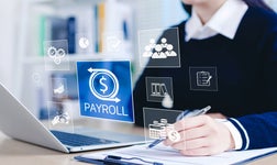 Payroll Management and Salary Processing System. Businesswoman calculates payroll, with icons representing employee salaries management, payment scheduling, efficient payroll, financial documentation