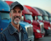 Smiling middle age caucasian truck driver stands front semi trucks. Man wearing cap, denim jacket at truck stop. Portrait shows confident professional truck driver. Transportation cargo logistic