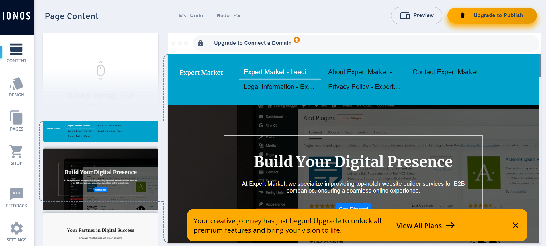 first page of the IONOS web builder