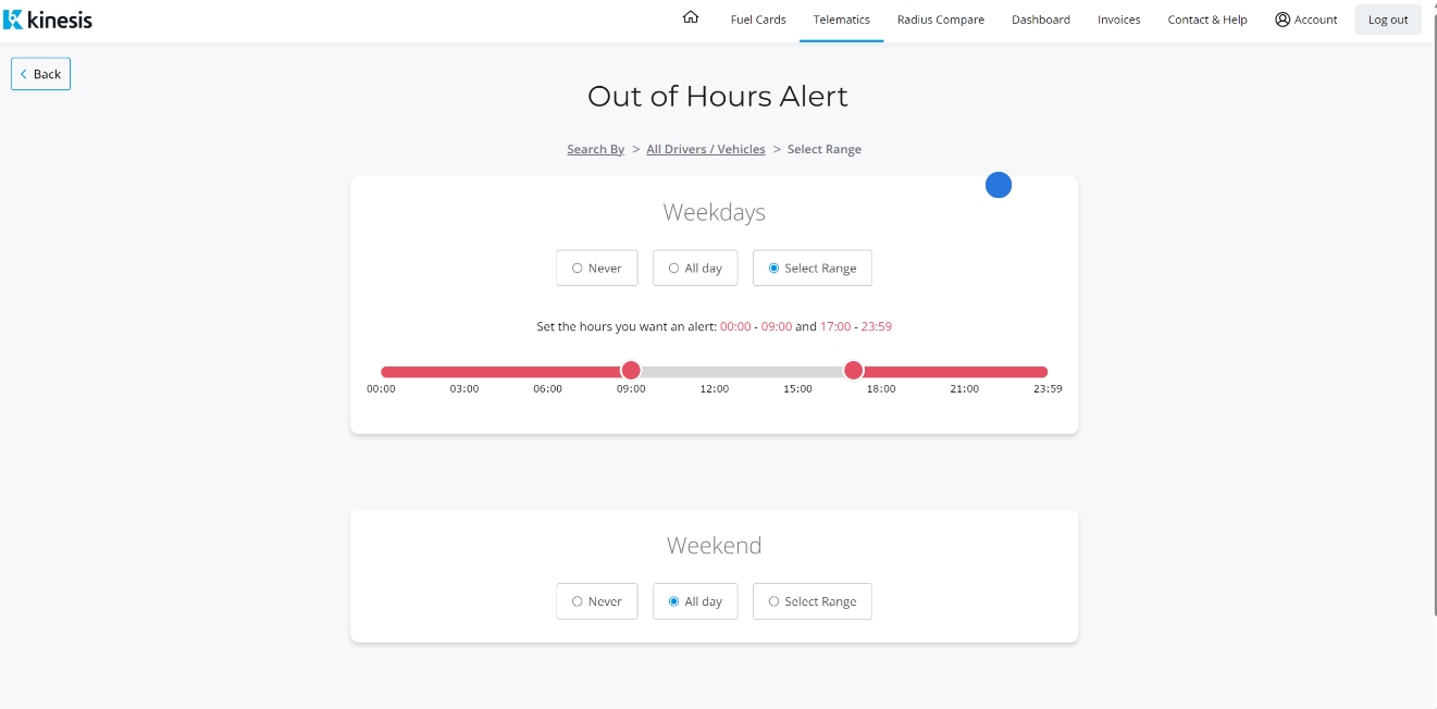 Radius telematics kinesis alerts section
