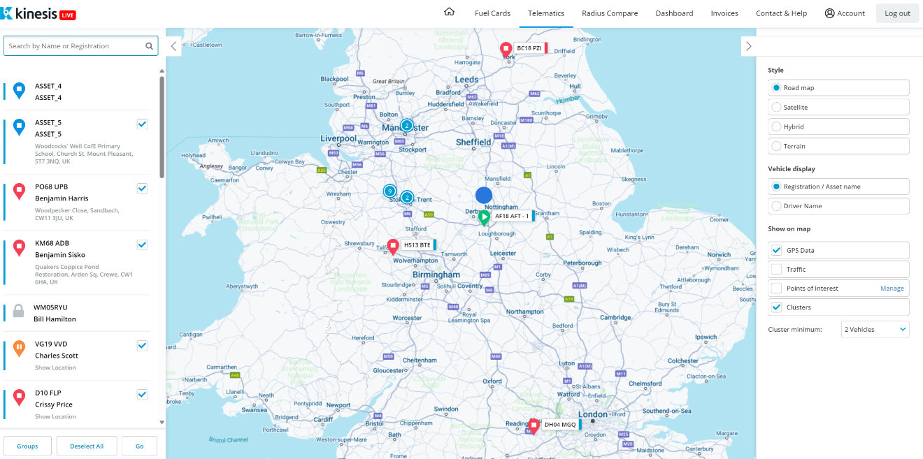 map of UK with drivers overlayed on it inside Radius software