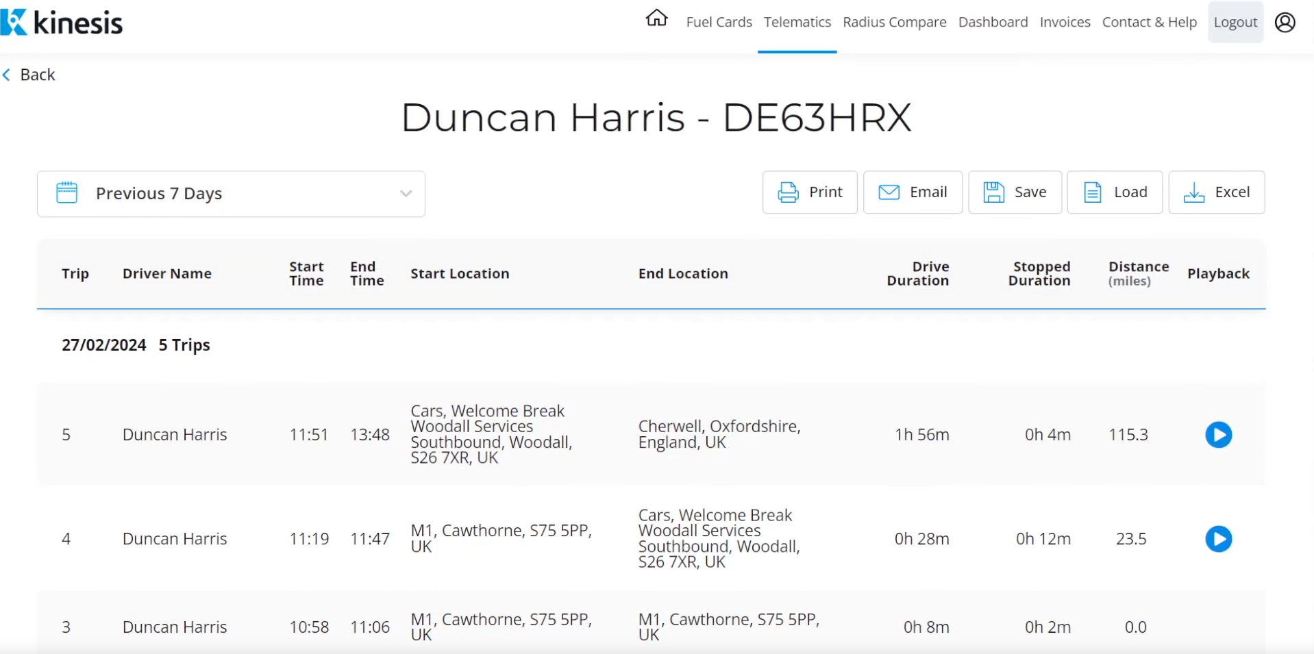 Radius Telematics kinesis software showing a table of trip history