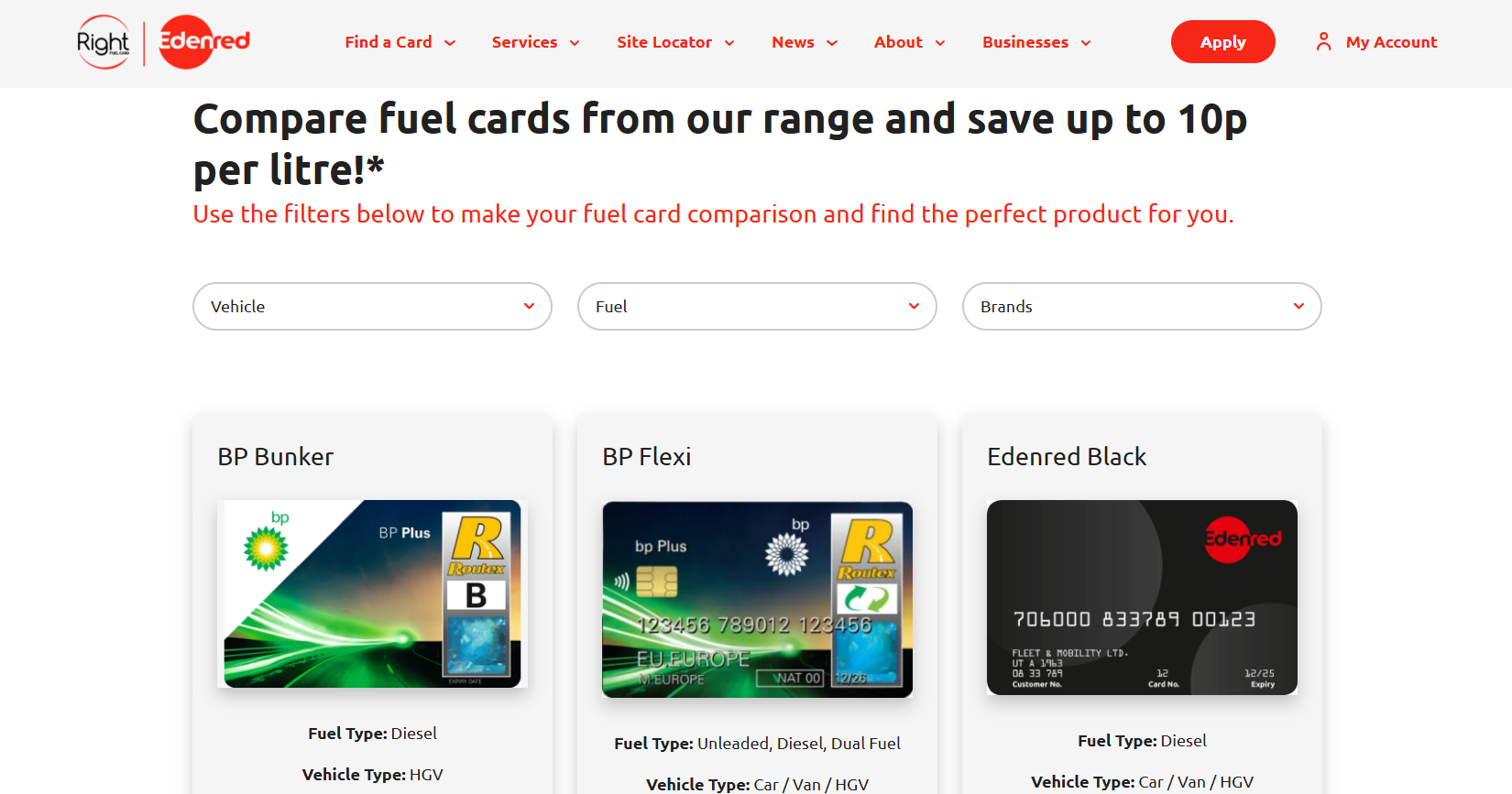 The Right Fuel Card Company webpage comparing fuel cards it offers