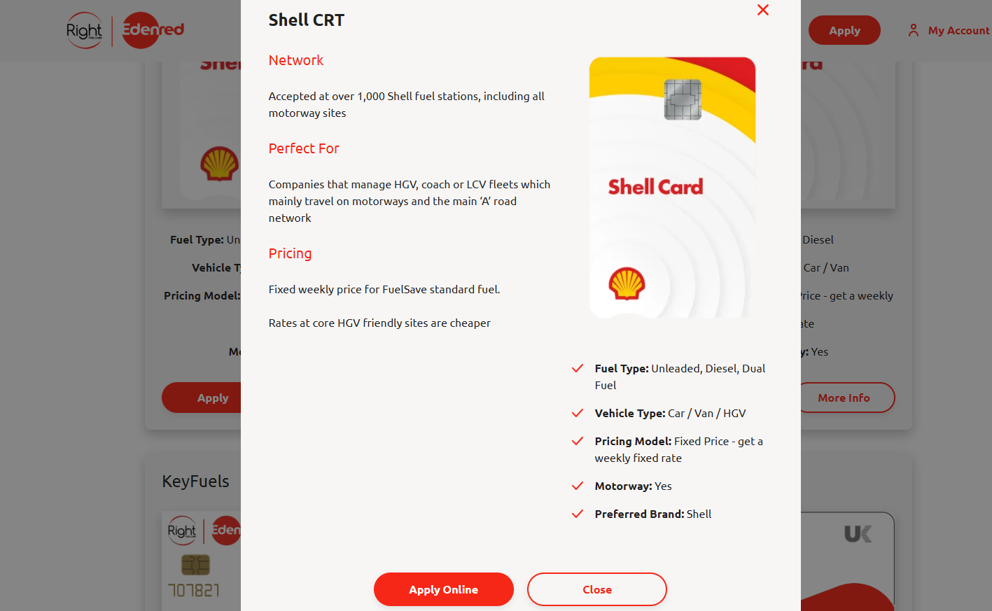 The Right Fuel Card Company webpage showing the Shell CRT card details