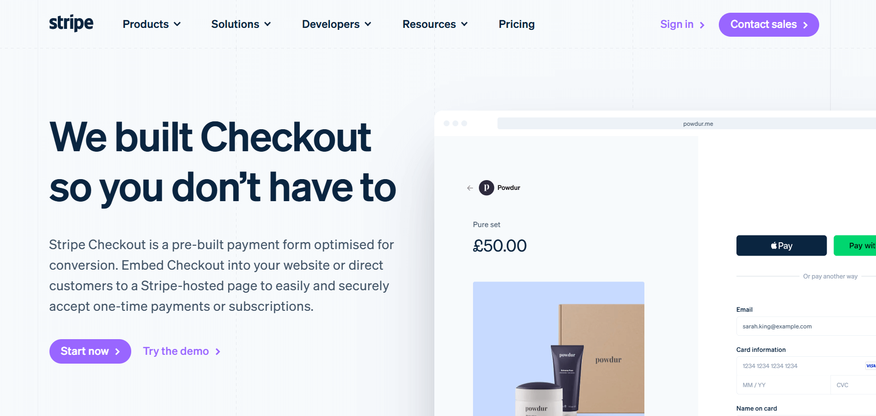Screenshot of Stripe website advertising Stripe Checkout online gateway builder.
