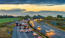 picture of the M1 in the UK motorway with lorries and cars