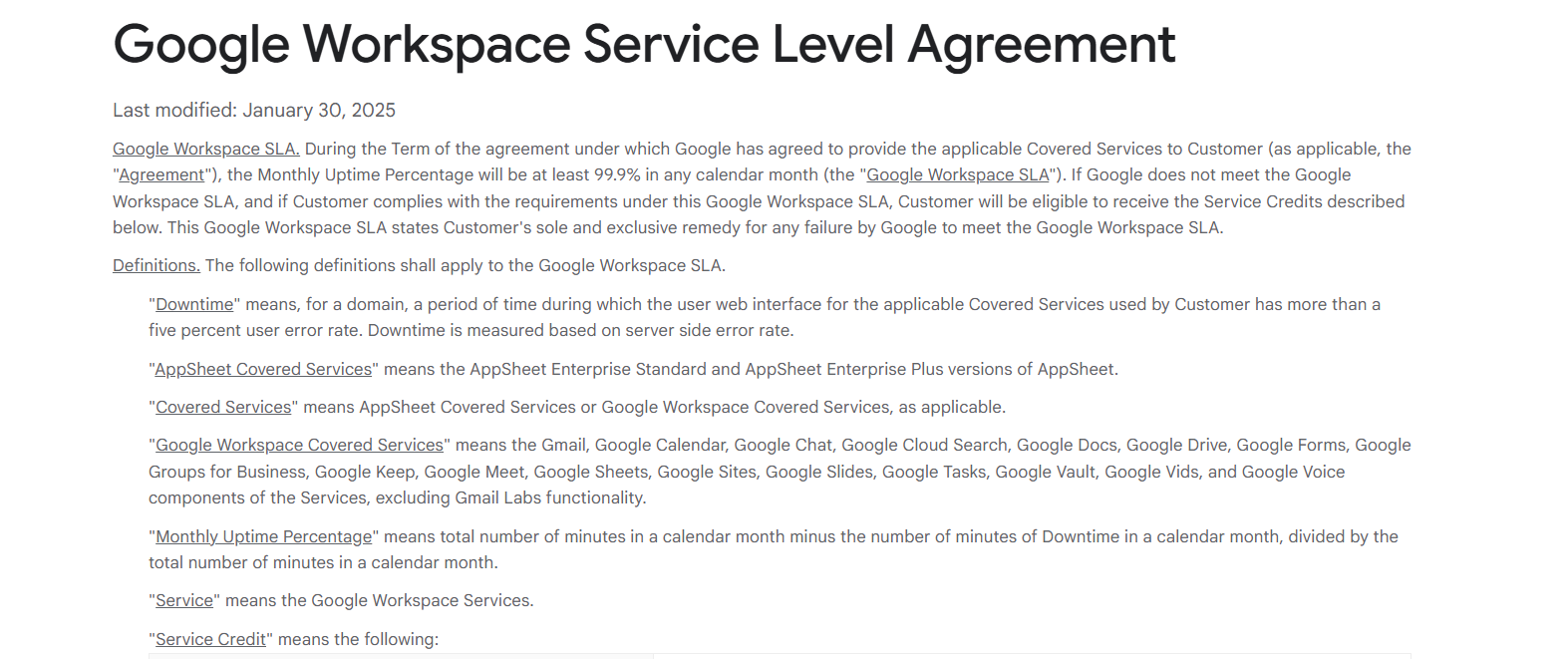 google workspace service level agreement