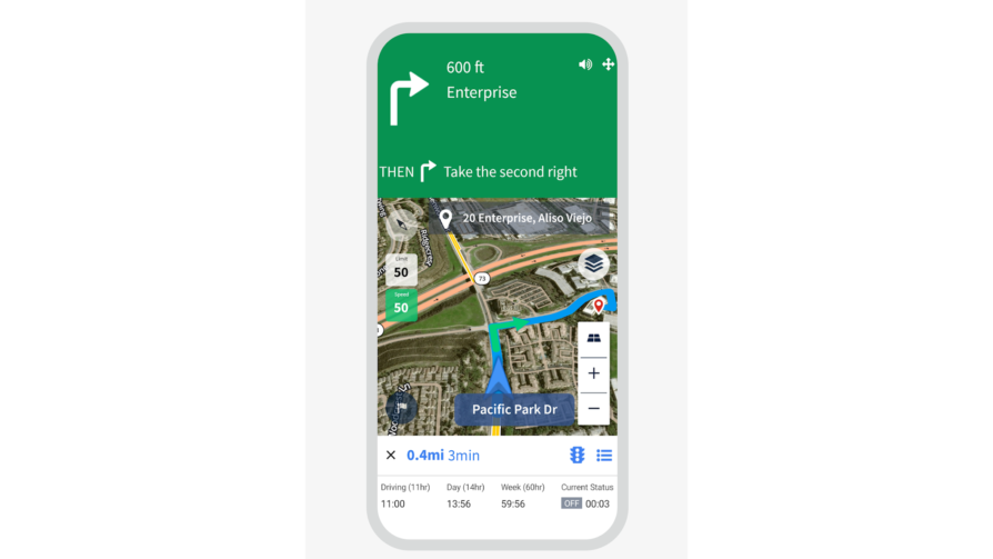 screenshot of verizon connect navigation app showing a map with a route on it under certain constraints