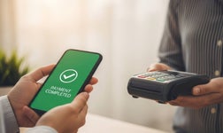 Customer making mobile payment using smartphone at pos terminal representing cashless transaction