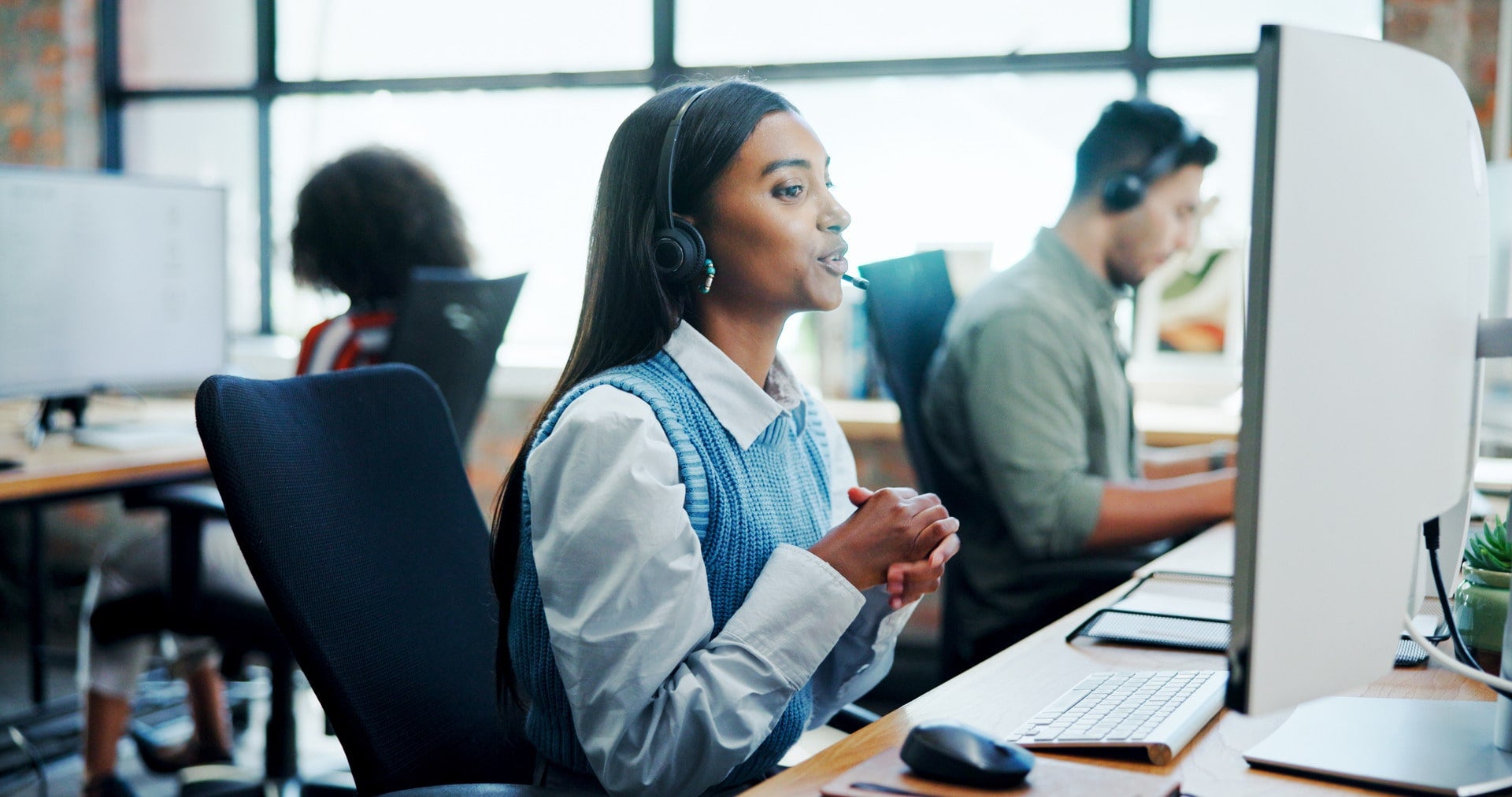 Worker using CRM software
