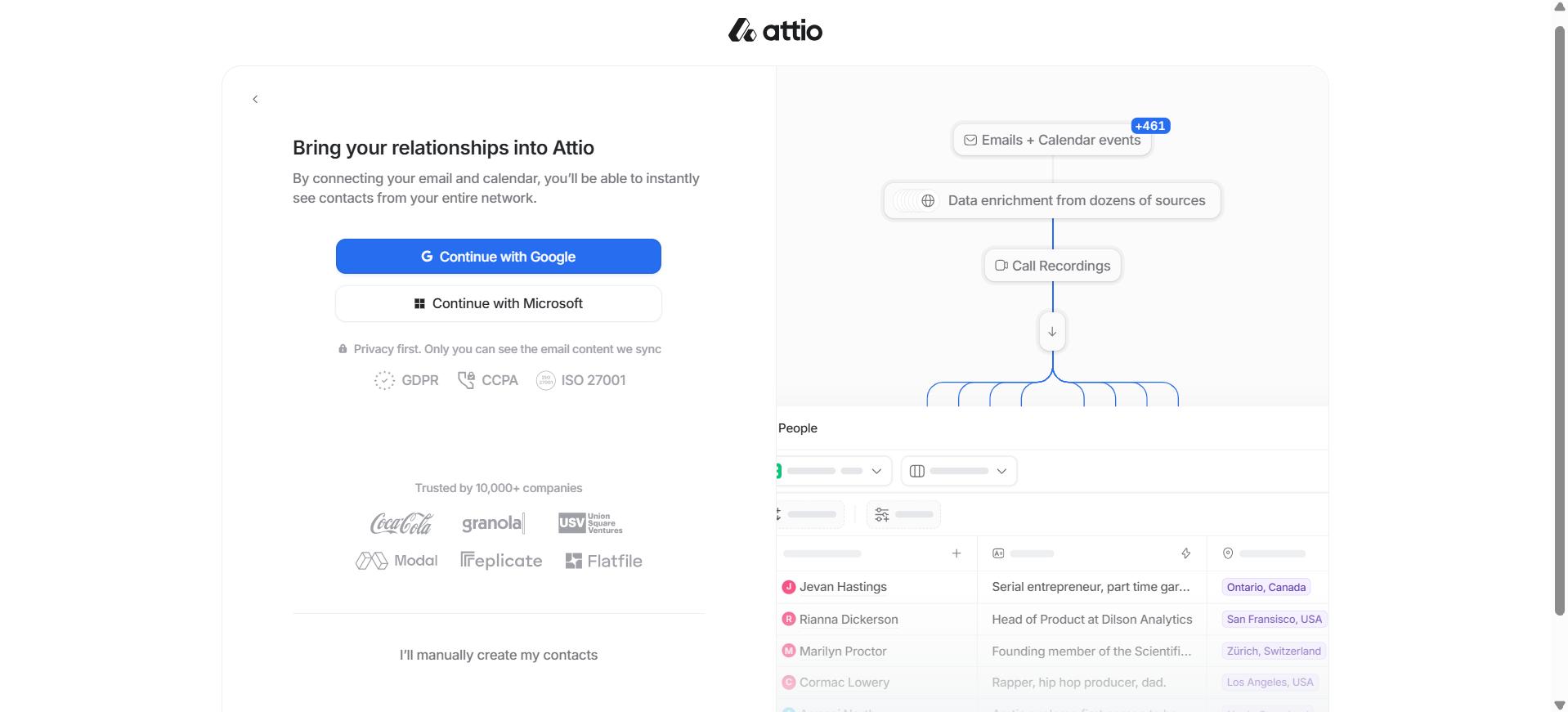 Options to import calendar, email and contacts via Attio during sign up screen