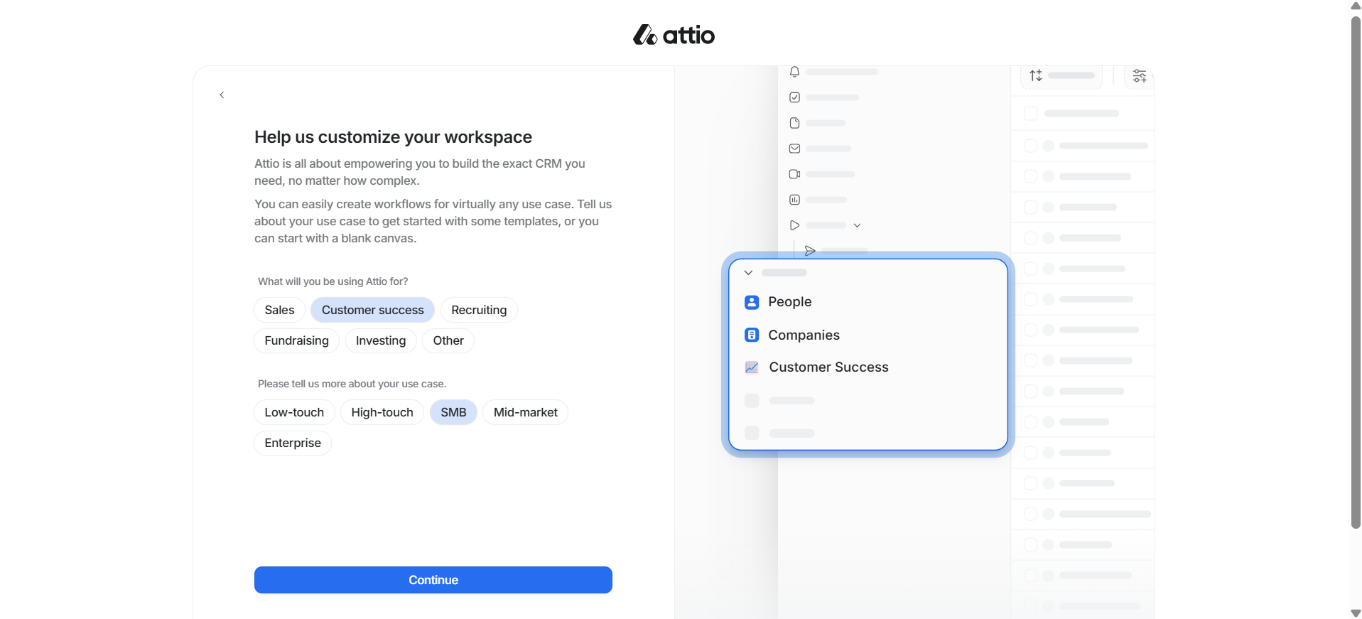 workspace customisation options provided during sign up to Attio