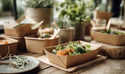 Sustainable food in a n eco-friendly takeaway box, sat on a table.