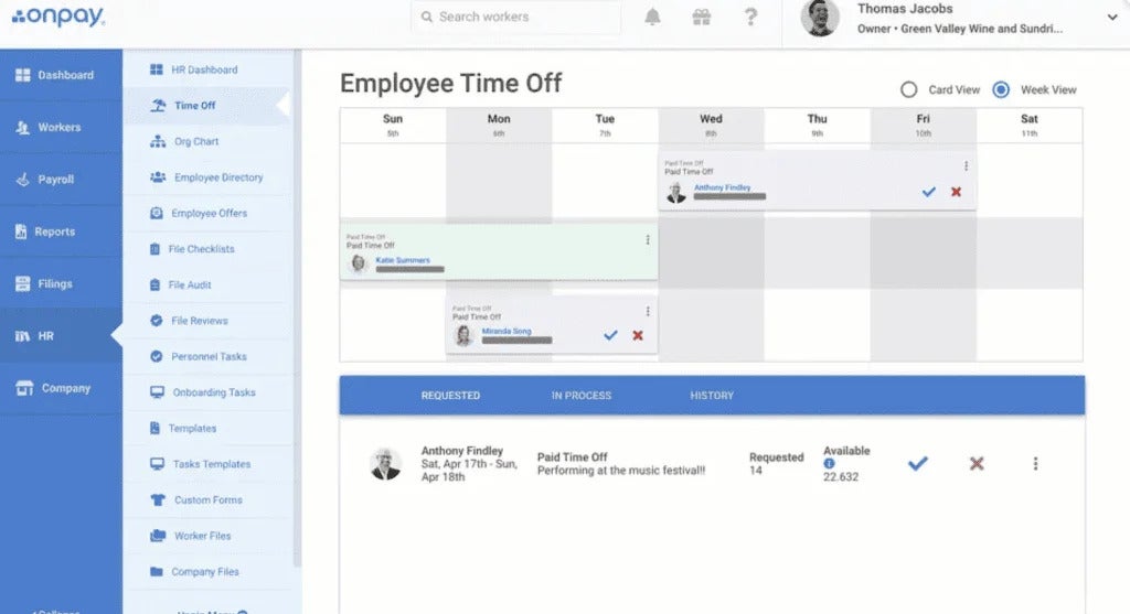 OnPay gives you access to useful HR features like PTO management on its flat-rate core plan