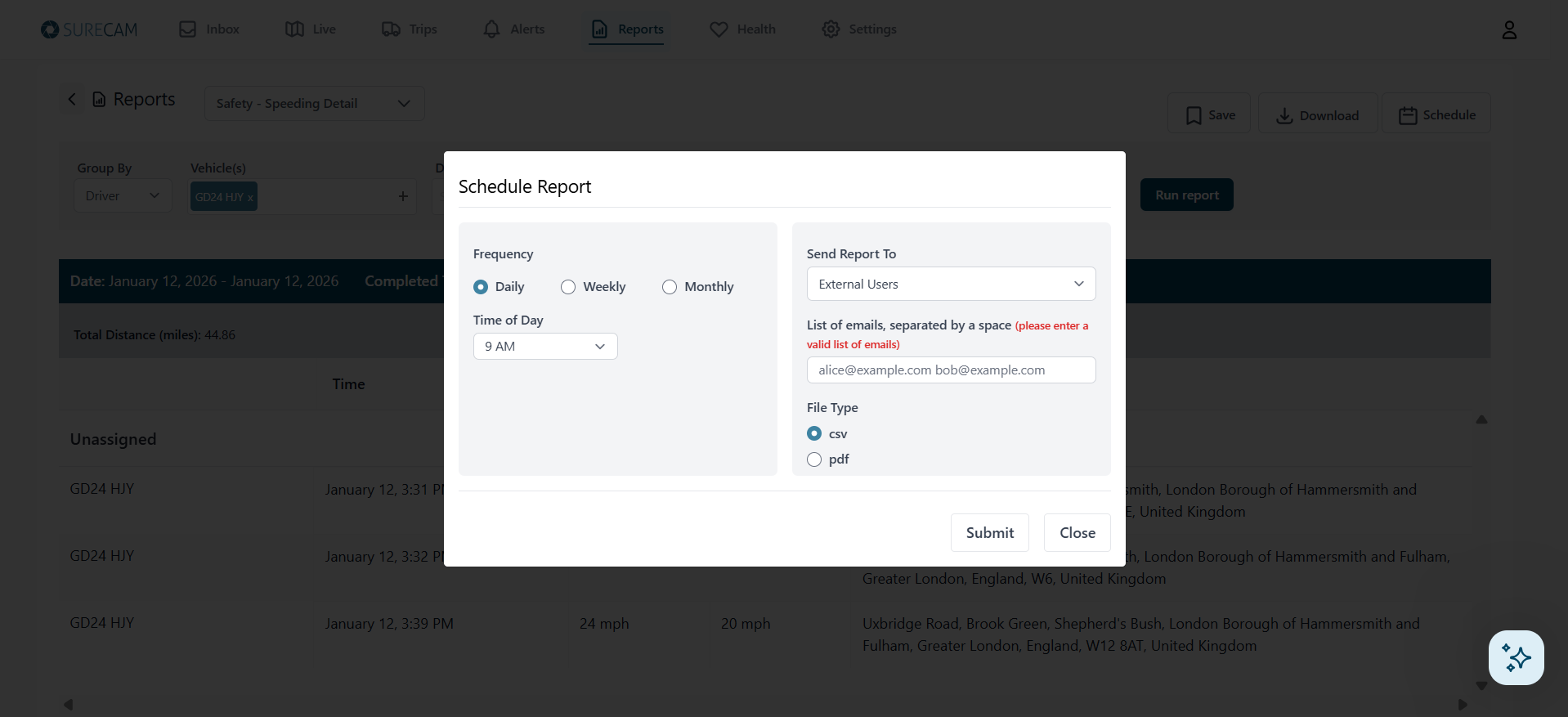 scheduling a report in SureCam