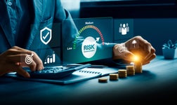 A person sat at a desk with a calculator, working out the risks.