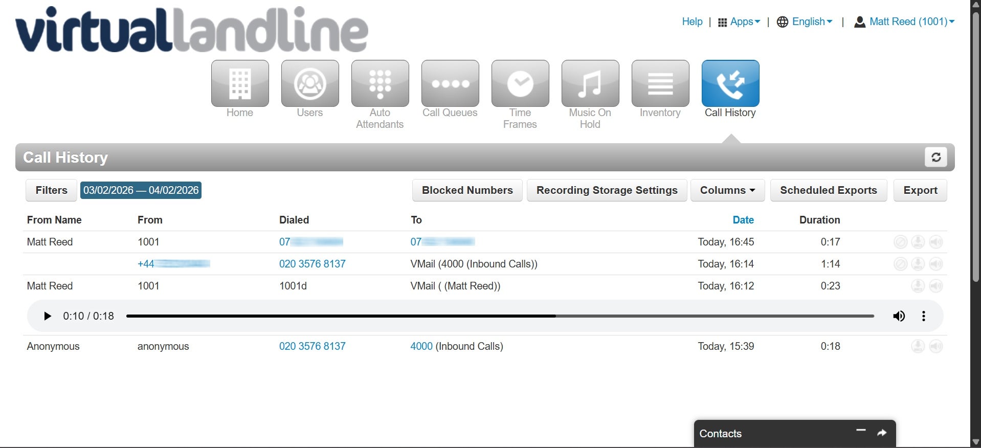 call history panel in virtual landline