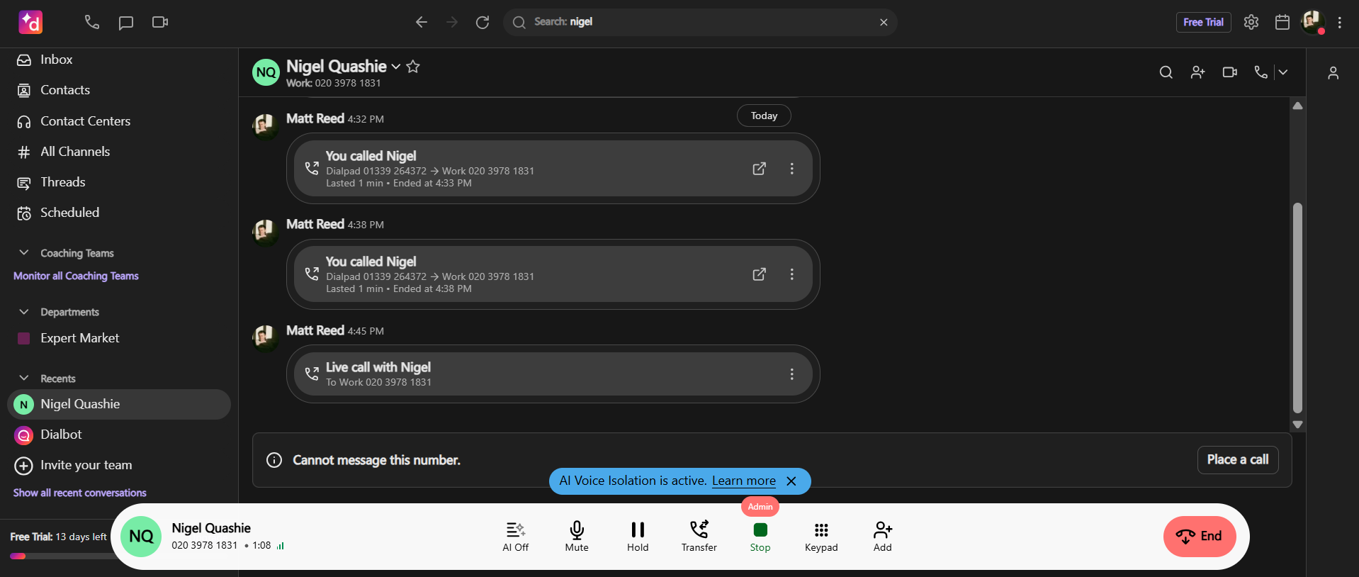 calling interface on dialpad