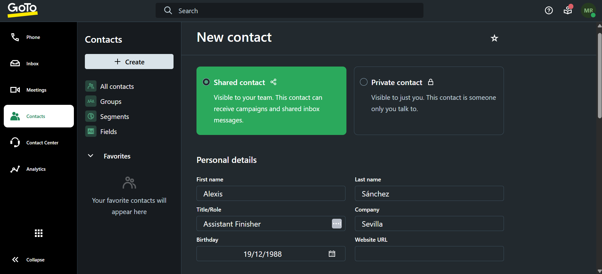 creating a contact in GoTo