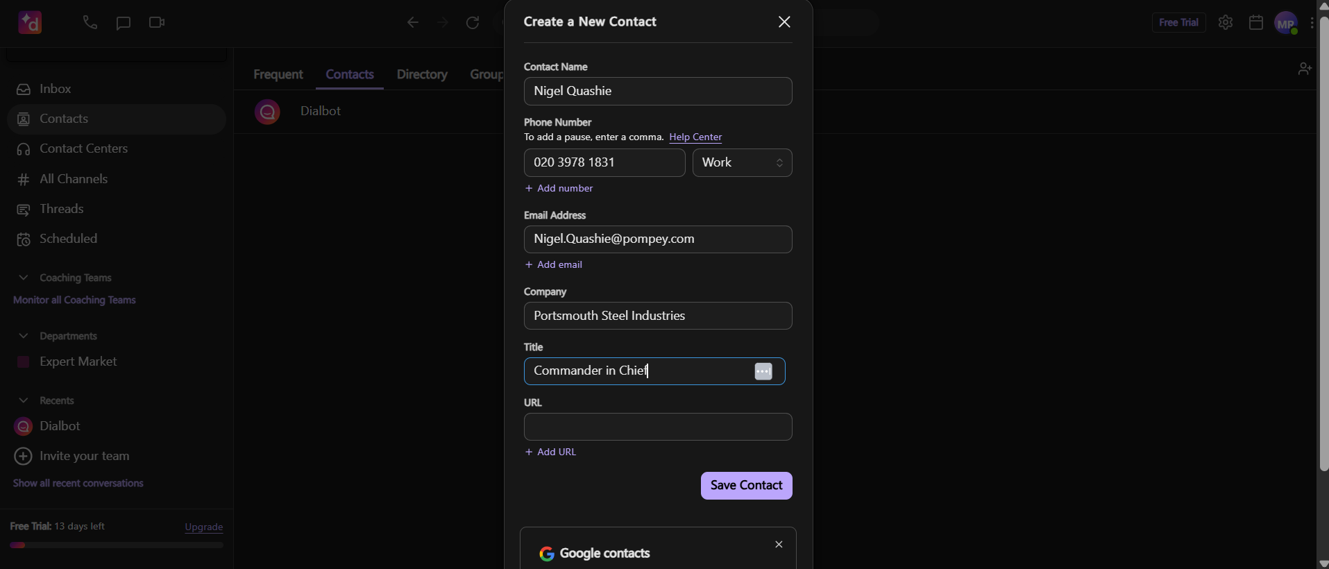 creating a new contact in dialpad