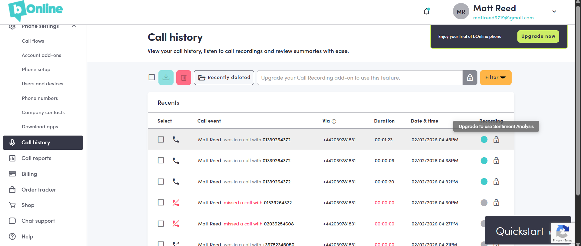 call history and analysis