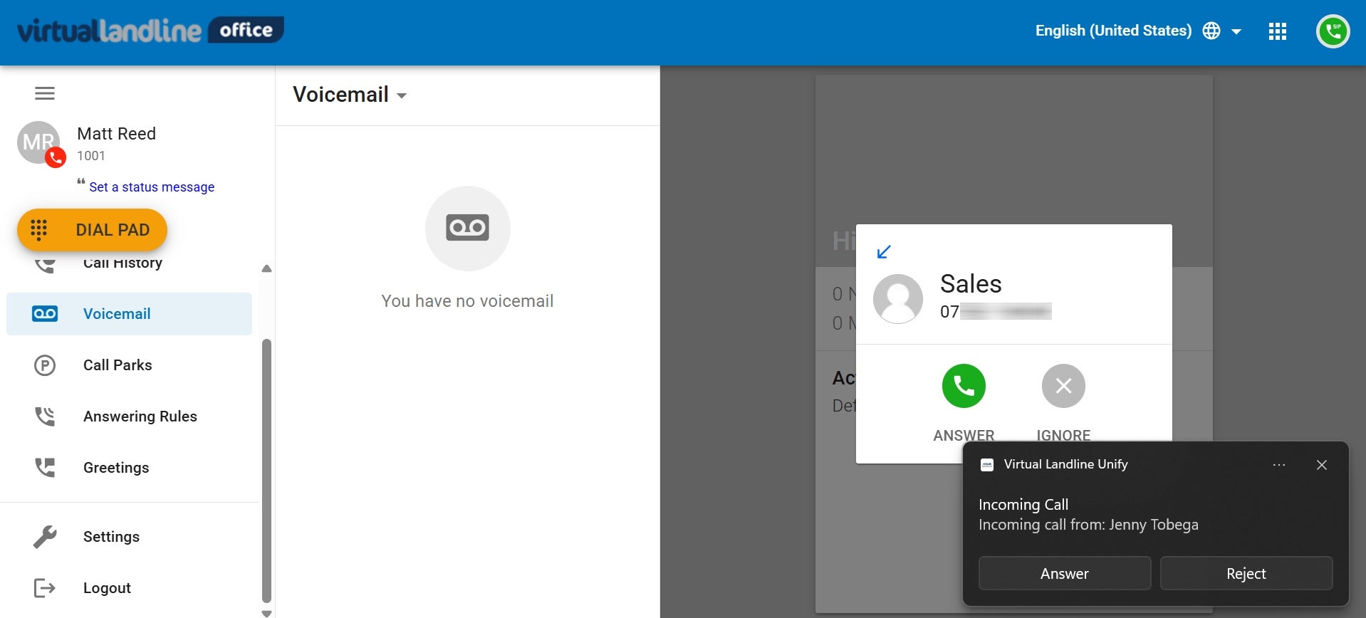 call incoming virtual landline