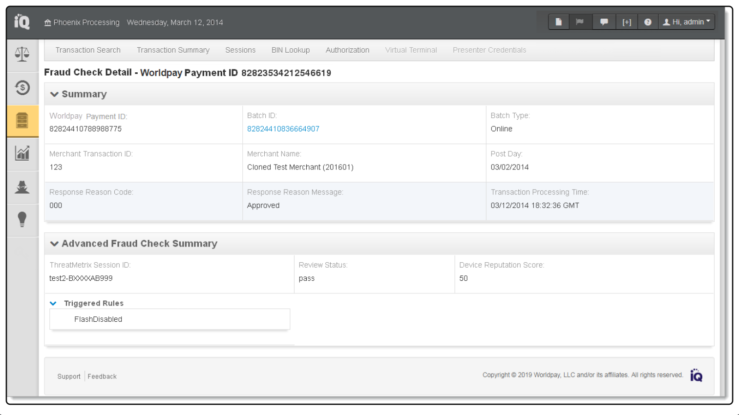 Worldpay's Fraud Detail tab