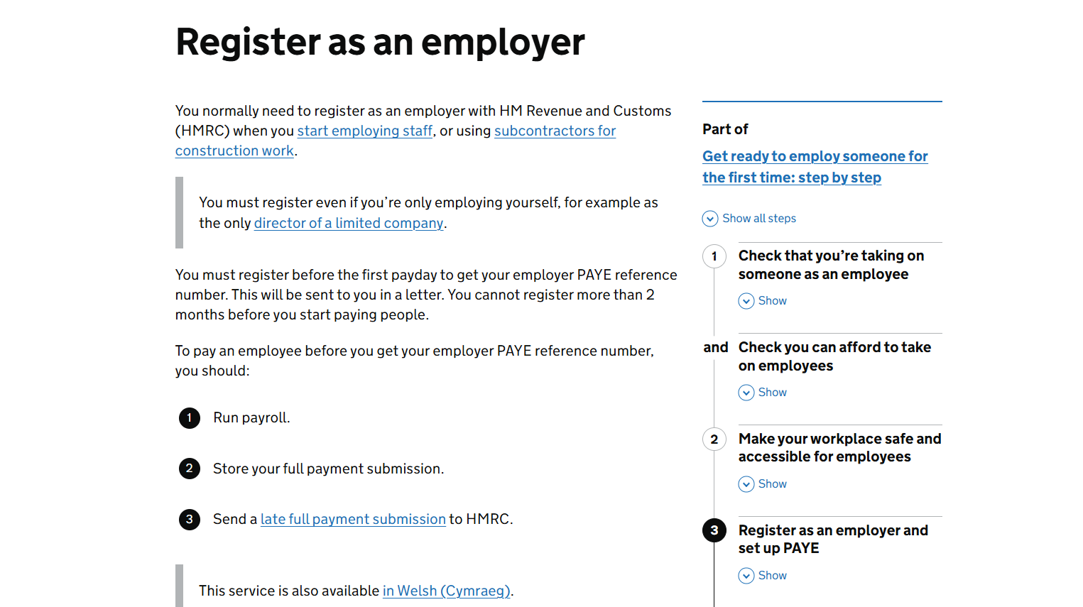 screenshot of the webpage for registering as an employer on HMRC website
