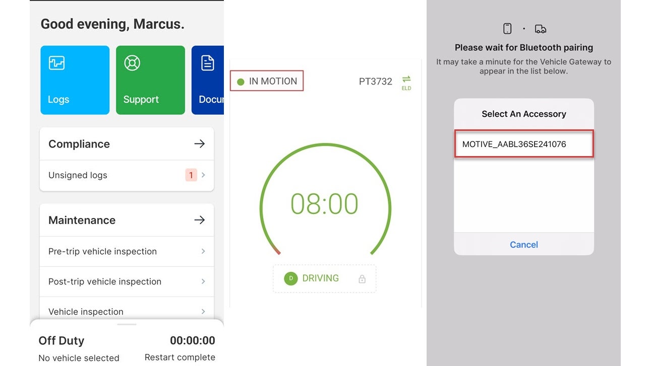 screenshots of the motive driver app