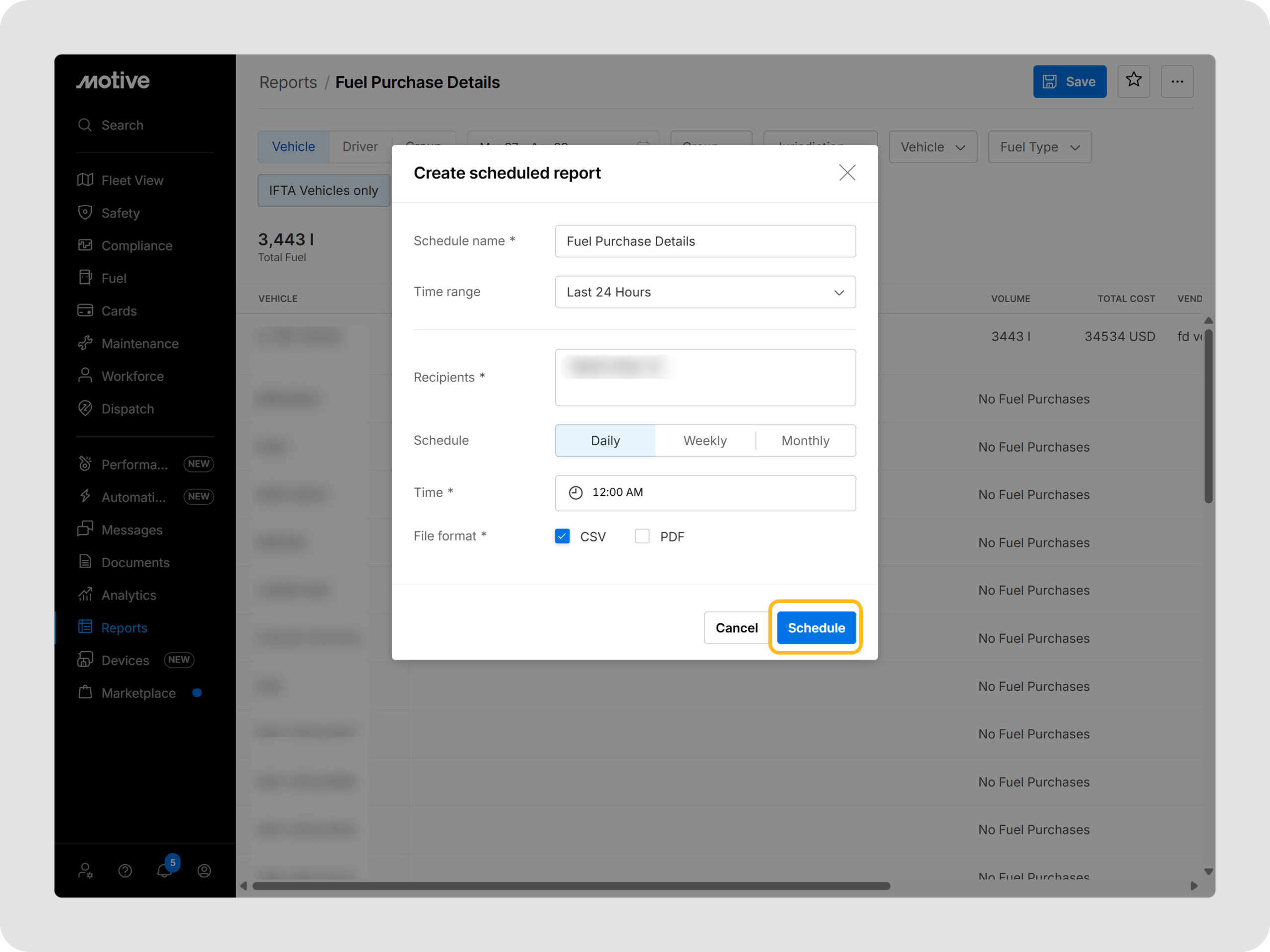 scheduling a report in Motive